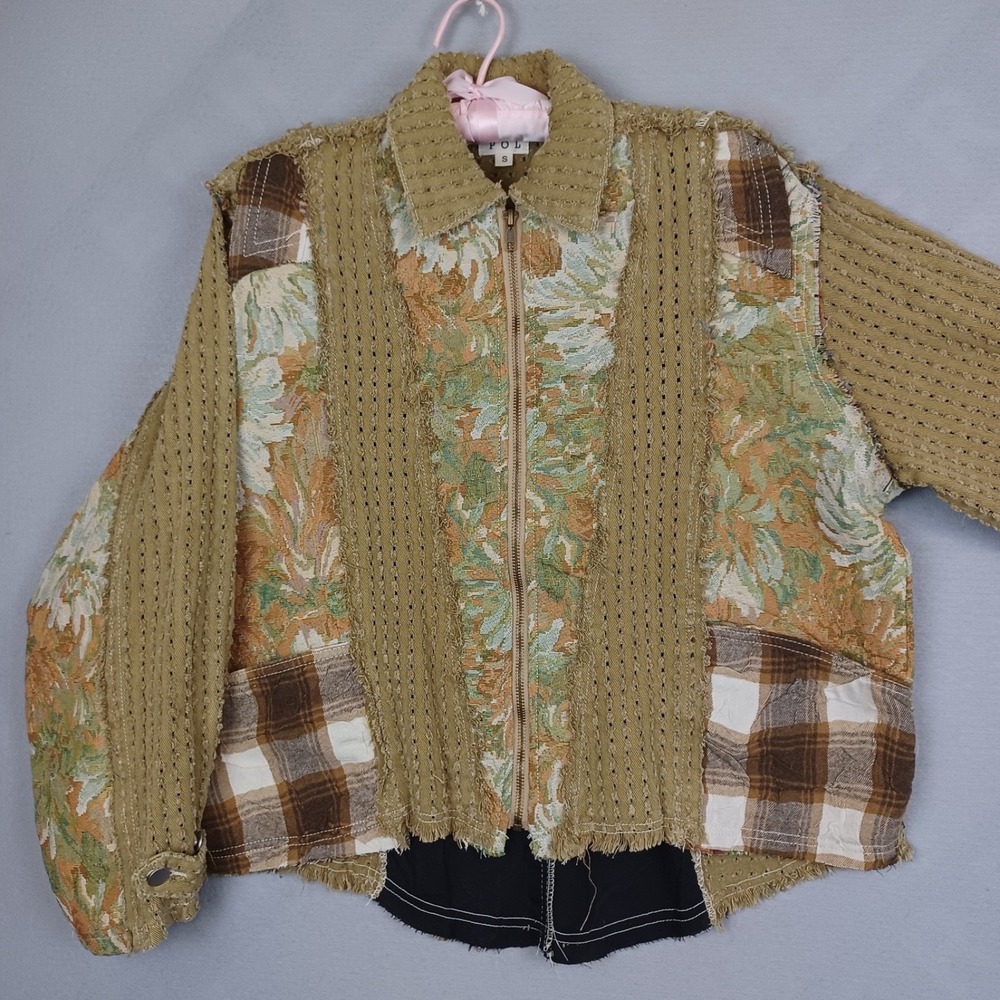 POL Womens Small Patchwork Jacket Floral Plaid Raw Edge Zip Up Cotton